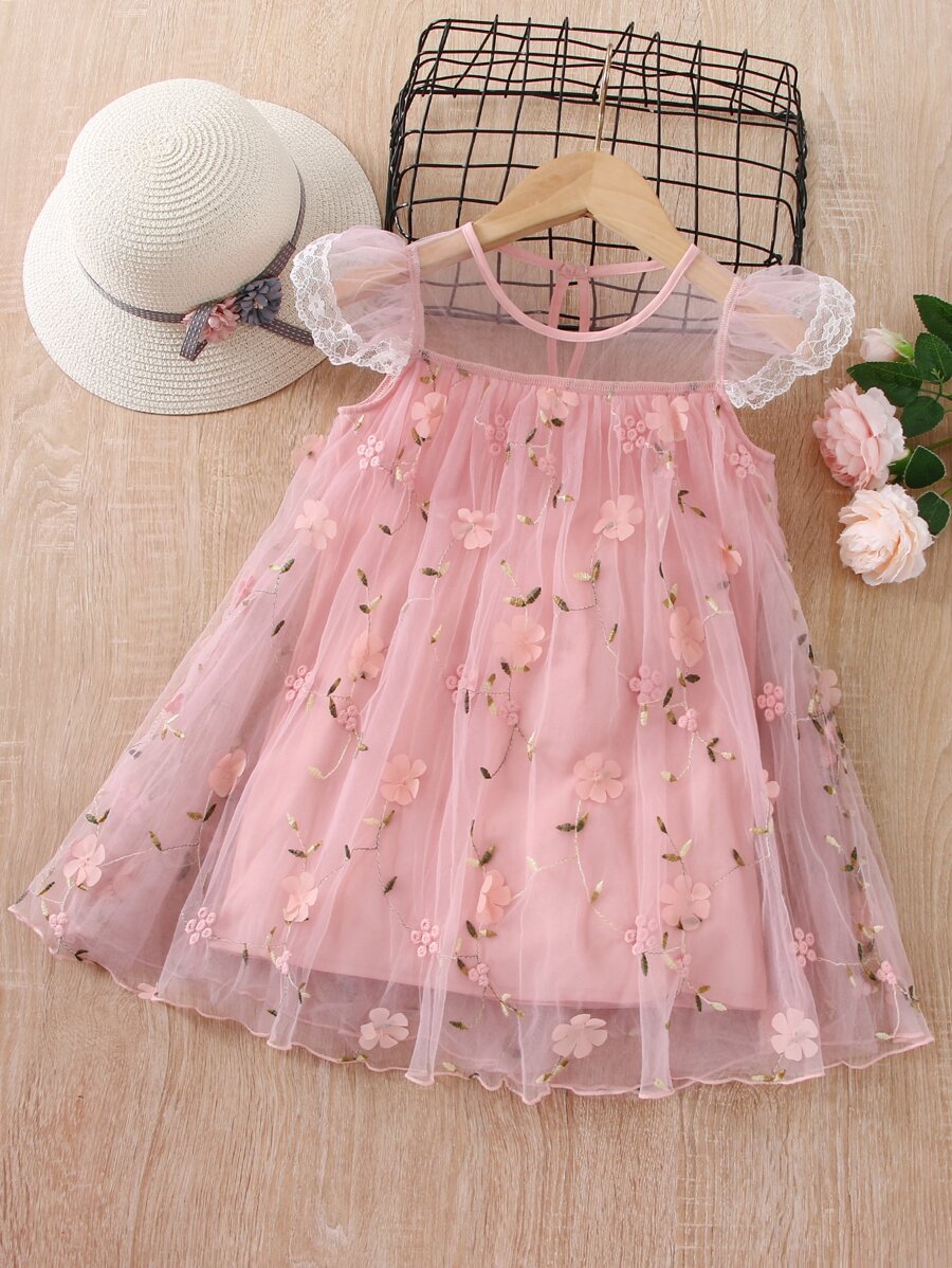 SHEIN Toddler Girls Floral Embroidery Mesh Overlay Appliques Dress - Pink - View 1