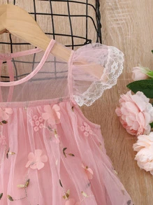 SHEIN Toddler Girls Floral Embroidery Mesh Overlay Appliques Dress - Pink - View 6