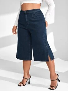 SHEIN LUNE Jeans de talle alto con botón lateral de pierna ancha - Azul lavado oscuro - Ver 1