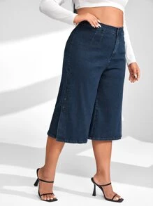 SHEIN LUNE Jeans de talle alto con botón lateral de pierna ancha - Azul lavado oscuro - Ver 5