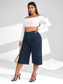 SHEIN LUNE Jeans de talle alto con botón lateral de pierna ancha - Azul lavado oscuro - Ver 6