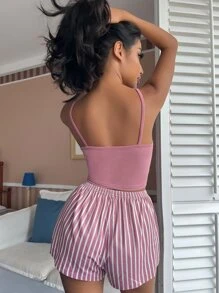 Letter & Striped Print Tie Waist PJ Set / Pajama Set