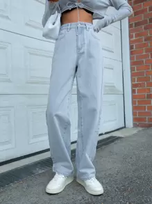 DAZY 高腰直筒牛仔褲 - 淺色水洗藍 - 查看 3