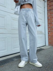 DAZY 高腰直筒牛仔褲 - 淺色水洗藍 - 查看 4