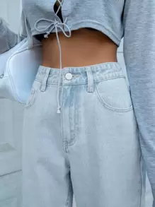 DAZY 高腰直筒牛仔褲 - 淺色水洗藍 - 查看 6