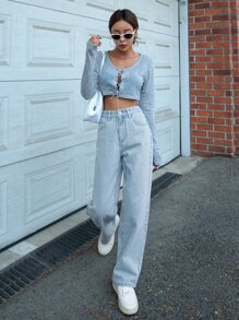 DAZY 高腰直筒牛仔褲 - 淺色水洗藍 - 查看 7