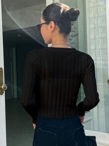 DAZY Cárdigan con botones de punto acanalado, ropa de mujer de otoño - Negro - Ver 2