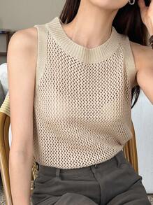 DAZY Split Hem Open Knit Sweater Vest Without Bra - Apricot - View 1