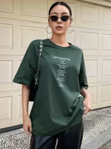 DAZY Slogan Graphic Drop Shoulder Tee - Dark Green - View 1