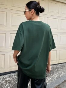 DAZY Slogan Graphic Drop Shoulder Tee - Dark Green - View 2