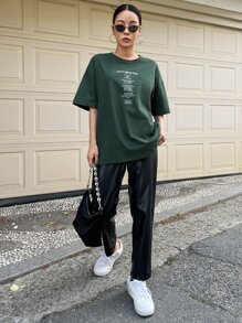 DAZY Slogan Graphic Drop Shoulder Tee - Dark Green - View 3