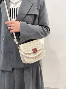 Mini Heart & Faux Pearl Decor Flap Straw Bag - Beige - View 5