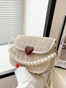 Mini Heart & Faux Pearl Decor Flap Straw Bag - Beige - View 2