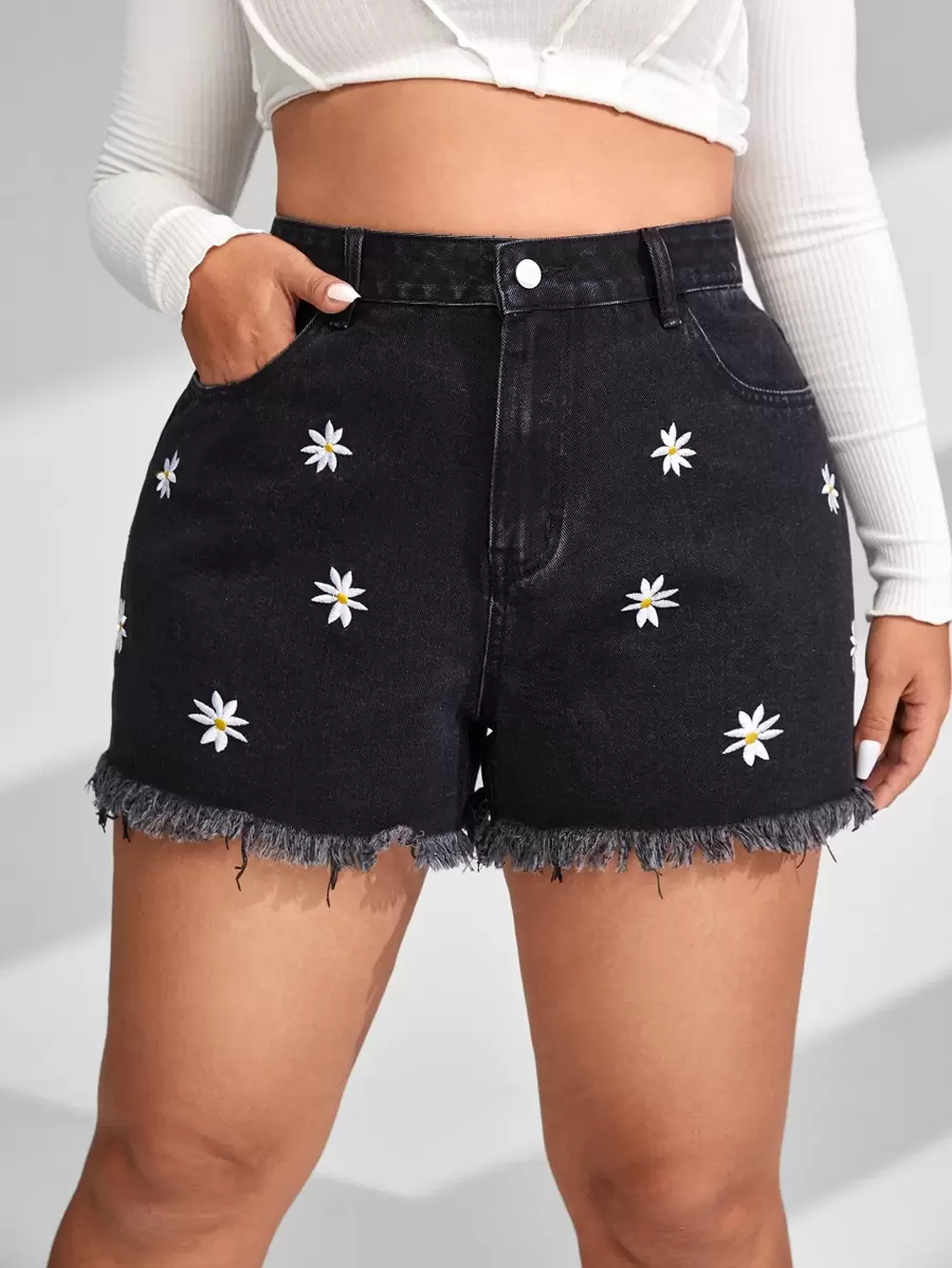 Shorts en mezclilla con bordado floral bajo crudo - Negro - Ver 1