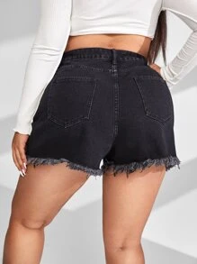 Shorts en mezclilla con bordado floral bajo crudo - Negro - Ver 2