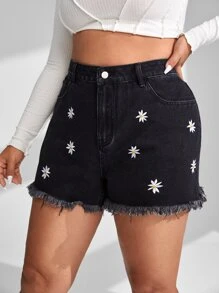 Shorts en mezclilla con bordado floral bajo crudo - Negro - Ver 3