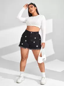 Shorts en mezclilla con bordado floral bajo crudo - Negro - Ver 4