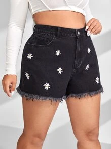 Shorts en mezclilla con bordado floral bajo crudo - Negro - Ver 5