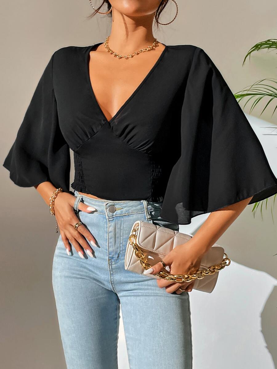 SHEIN PETITE Áo sơ mi nữ màu trơn Giải trí - màu đen - Xem 1