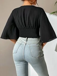 SHEIN PETITE Áo sơ mi nữ màu trơn Giải trí - màu đen - Xem 2
