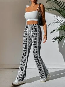 SHEIN PETITE Striped And Floral Print Flare Leg Trousers - Black and White - View 1