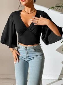 SHEIN PETITE Áo sơ mi nữ màu trơn Giải trí - màu đen - Xem 4