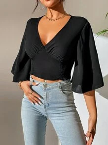 SHEIN PETITE Áo sơ mi nữ màu trơn Giải trí - màu đen - Xem 5