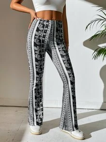 SHEIN PETITE Striped And Floral Print Flare Leg Trousers - Black and White - View 4