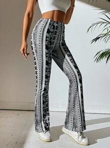 SHEIN PETITE Striped And Floral Print Flare Leg Trousers - Black and White - View 6
