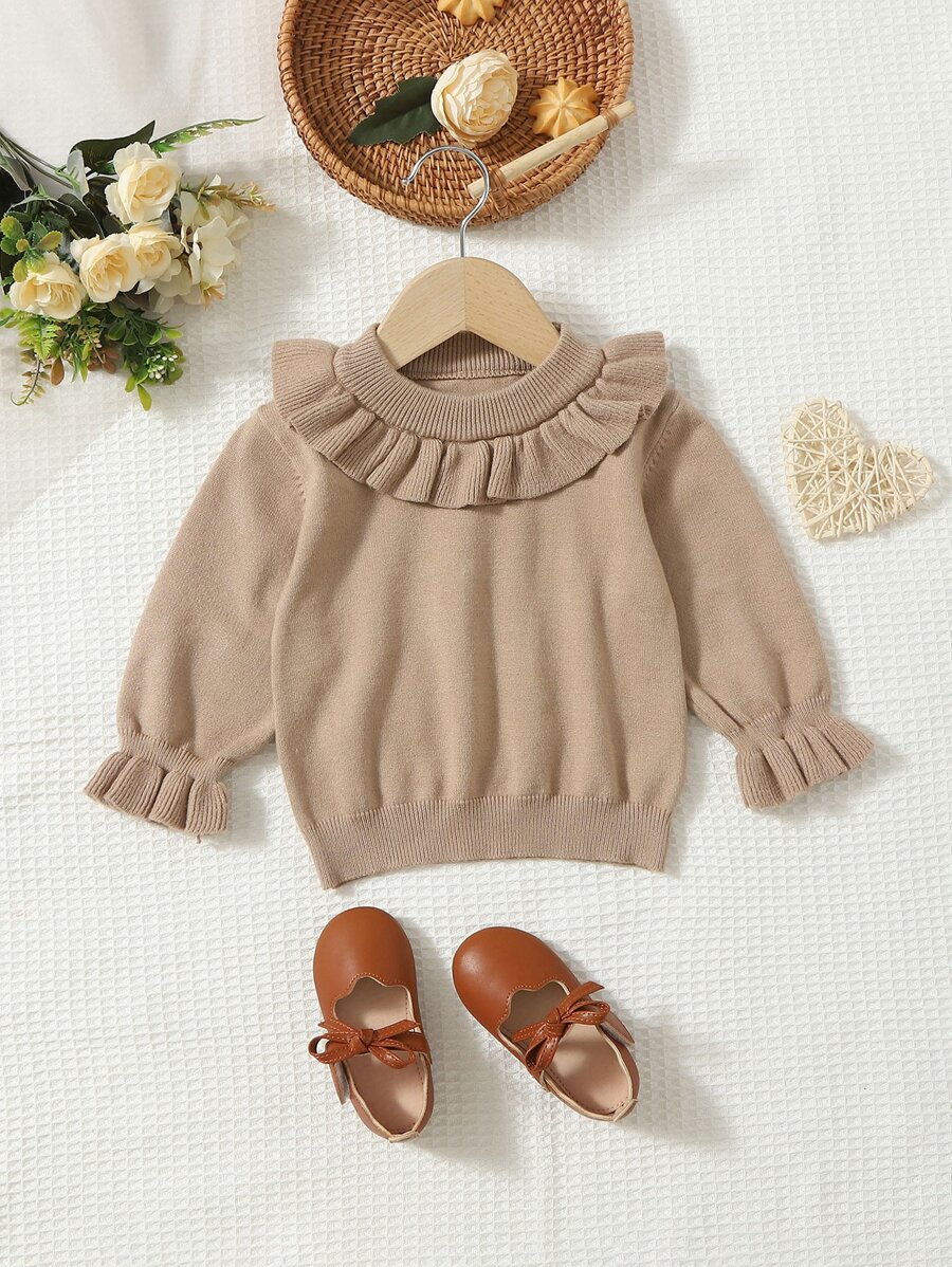 Baby Ruffle Trim Flounce Sleeve Jumper - Khaki - View 1