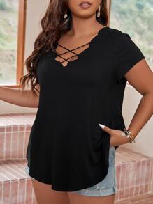 EMERY ROSE 大碼貝殼邊交叉T恤