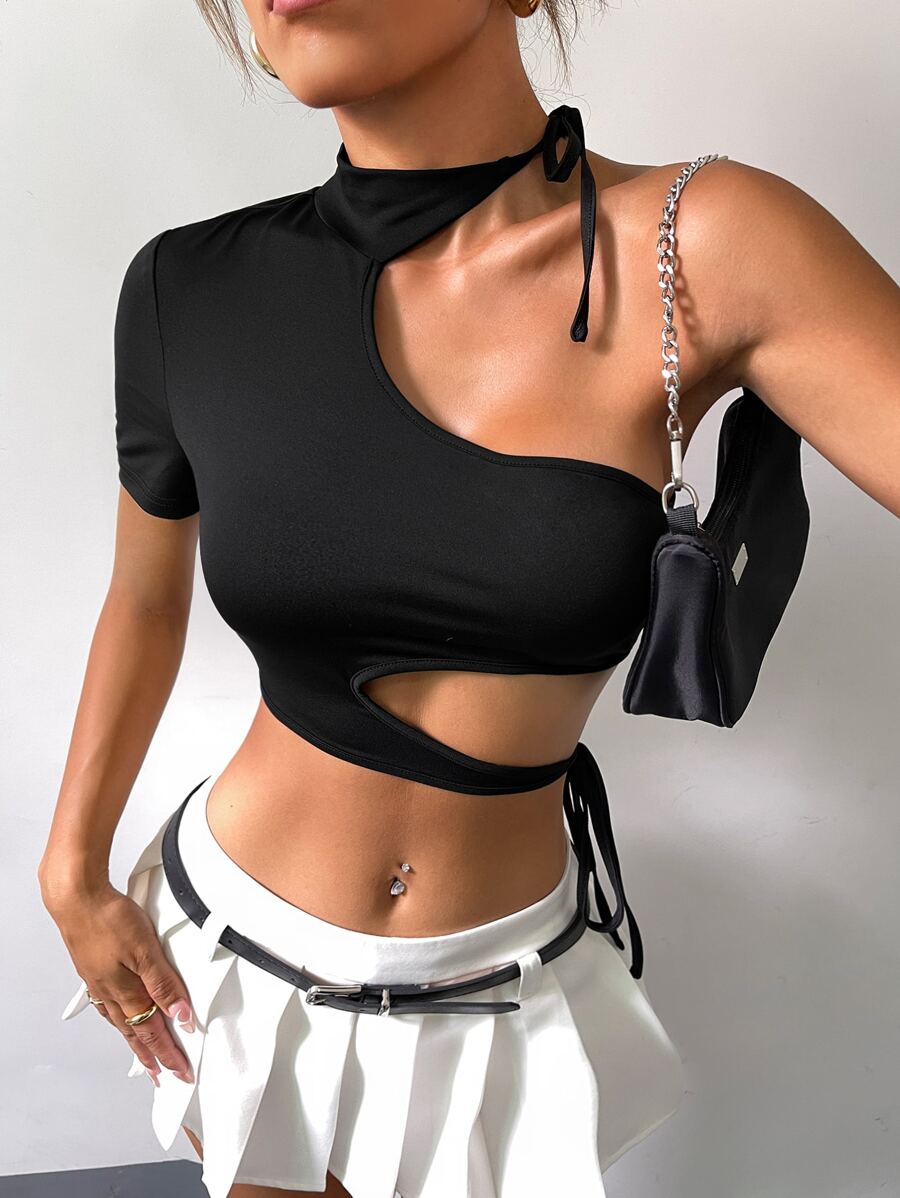單肩側繫帶鏤空短款上衣 - 黑色 - 查看 1