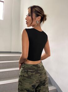 SHEIN ICON Ribbed Knit Crop Black Tank Top