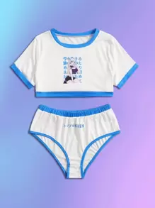 ROMWE Anime Conjunto de pijama con estampado de figura de dibujos animados unido en contraste - Azul y blanco - Ver 1