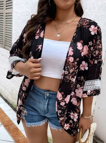 SHEIN Swim Curve 大碼印花拼接水溶蕾絲落肩袖和服罩衫 - 彩色 - 查看 6