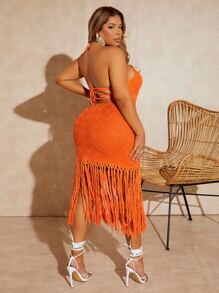 SHEIN SXY Đầm Plus Size Lộ Lưng mép Ren lên Buộc lại Tách cao màu trơn Boho - trái cam - Xem 3