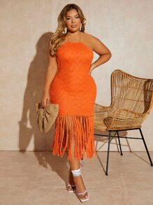 SHEIN SXY Đầm Plus Size Lộ Lưng mép Ren lên Buộc lại Tách cao màu trơn Boho - trái cam - Xem 1