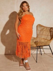 SHEIN SXY Đầm Plus Size Lộ Lưng mép Ren lên Buộc lại Tách cao màu trơn Boho - trái cam - Xem 5