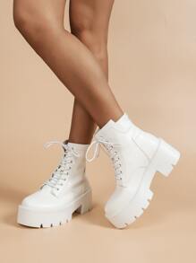 Botas de combate con cremallera trasera con cordón delantero plataforma - Blanco - Ver 2