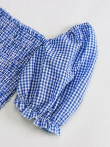 SHEIN LUNE 泡泡袖打褶褶邊格紋荷葉邊下擺上衣 - 藍白色 - 查看 3