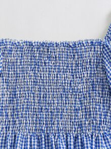 SHEIN LUNE 泡泡袖打褶褶邊格紋荷葉邊下擺上衣 - 藍白色 - 查看 5