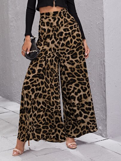 Breezaya Pantalones de pata ancha de talle alto con estampado de leopardo
