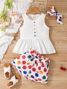 SHEIN Toddler Girls Ruffle Hem Tank Top & Geometric Print Paperbag Waist Shorts - Multicolor - View 1