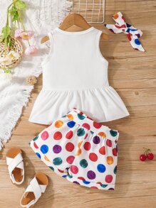 SHEIN Toddler Girls Ruffle Hem Tank Top & Geometric Print Paperbag Waist Shorts - Multicolor - View 2