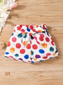 SHEIN Toddler Girls Ruffle Hem Tank Top & Geometric Print Paperbag Waist Shorts - Multicolor - View 3