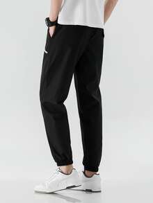 Manfinity Hombres Pantalones con estampado de letra de cintura con cordón - Negro - Ver 2