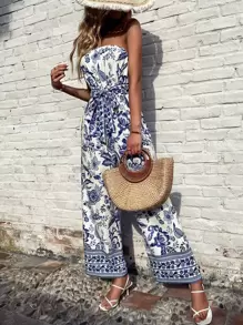 SHEIN VCAY Floral Print Belted Tube Jumpsuit - Blue and White - View 1