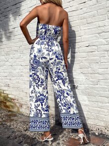 SHEIN VCAY Floral Print Belted Tube Jumpsuit - Blue and White - View 2