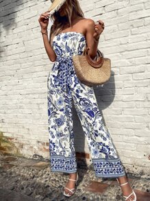 SHEIN VCAY Floral Print Belted Tube Jumpsuit - Blue and White - View 4