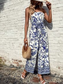 SHEIN VCAY Floral Print Belted Tube Jumpsuit - Blue and White - View 6